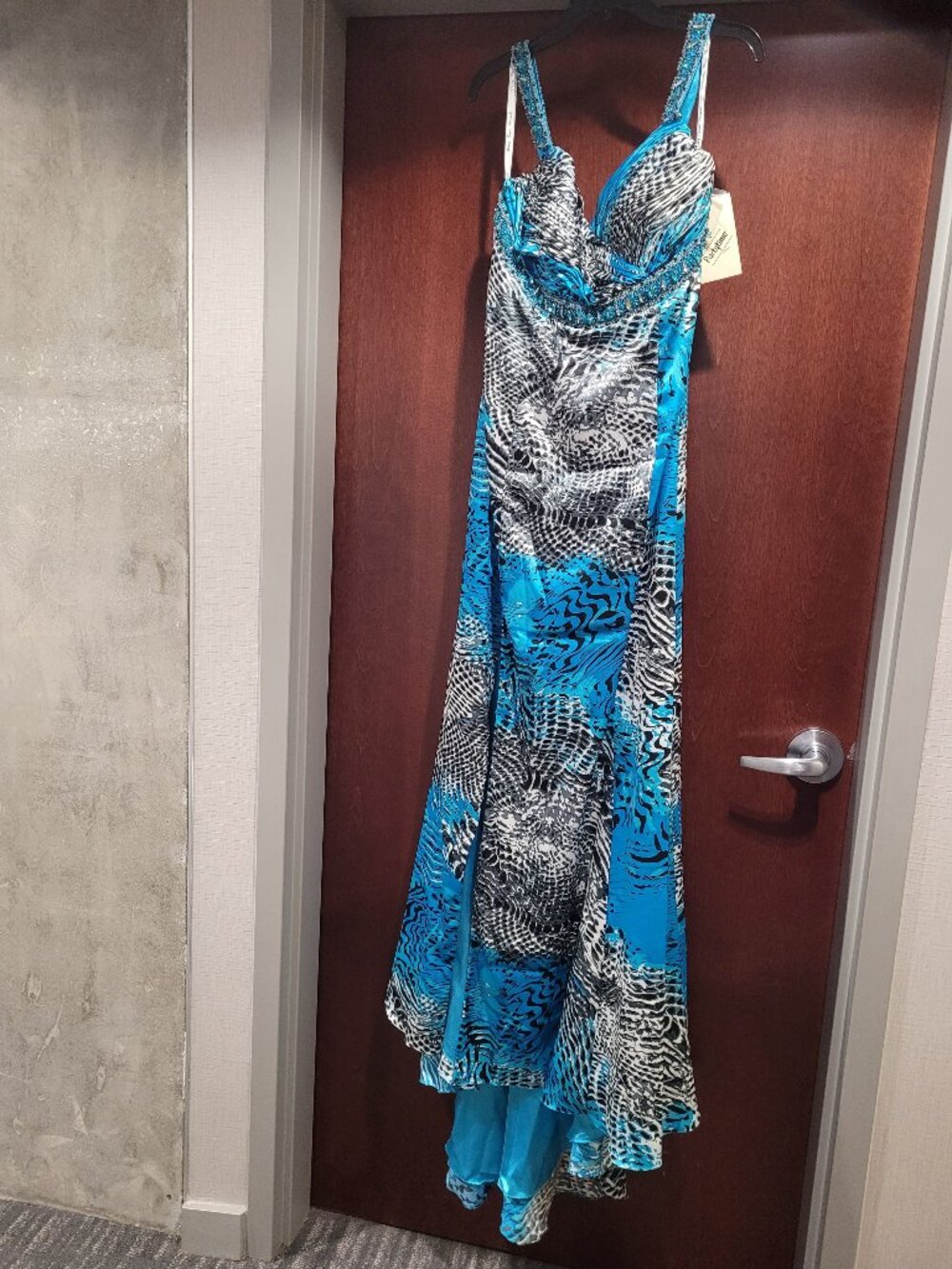 Rachal Allan/Party Time Formals 6538 Size 14W Turquoise Black White Prom Dress